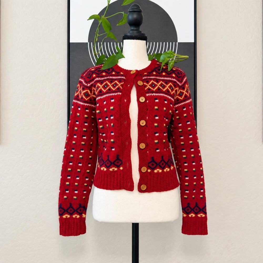 Vintage 90s Red Wool Fair Isle Cropped Cardigan Size Small